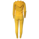 Women Solid Zipper Hood Top and Pant Two Piece Set