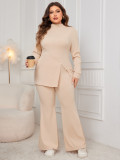 Plus Size Women long-sleeved high-neck slit top and pants two-piece set