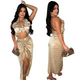 Fashionable Women's Solid Color Sleeveless Ruffled Halter Top Slit Pleated Skirt Two Piece Set