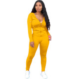 Women Solid Zipper Hood Top and Pant Two Piece Set