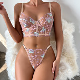 Women summer sexy bra mesh fishbone embroidery sexy lingerie two-piece set