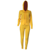 Women Solid Zipper Hood Top and Pant Two Piece Set