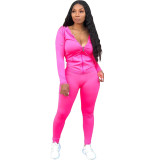 Women Solid Zipper Hood Top and Pant Two Piece Set