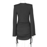 Women Autumn Bell Bottom Sleeve Round Neck Drawstring Bodycon Dress