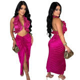 Fashionable Women's Solid Color Sleeveless Ruffled Halter Top Slit Pleated Skirt Two Piece Set