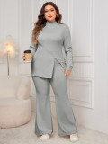 Plus Size Women long-sleeved high-neck slit top and pants two-piece set