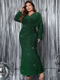 Plus Size Women V-neck long-sleeved fishtail evening dress