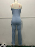 Summer Fashion Solid Color Ribbed Pocket Sexy Tight Fitting Jumpsuit