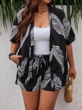 Women Printed Cardigan Top and Lace-Up Shorts Two-Piece Set