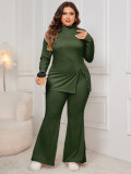 Plus Size Women long-sleeved high-neck slit top and pants two-piece set