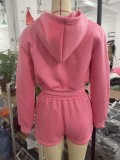 Women Zippered Hooded Long Sleeve Top and Shorts Two-piece suit