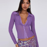 Women summer buttoned mesh see-through top