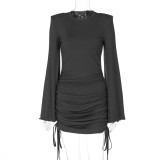 Women Autumn Bell Bottom Sleeve Round Neck Drawstring Bodycon Dress