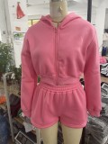 Women Zippered Hooded Long Sleeve Top and Shorts Two-piece suit