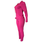 Women Solid Zipper Hood Top and Pant Two Piece Set