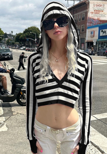 Autumn Women hooded v-neck striped contrast long sleeve Crop Top