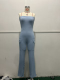 Summer Fashion Solid Color Ribbed Pocket Sexy Tight Fitting Jumpsuit