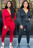 Women Solid Zipper Hood Top and Pant Two Piece Set