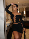 Women Sexy Off Shoulder Pearl Button Long Sleeve Top and Skirt Two-Piece Set