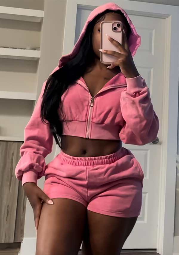 Women Zippered Hooded Long Sleeve Top and Shorts Two-piece suit