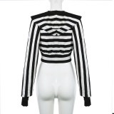 Autumn Women hooded v-neck striped contrast long sleeve Crop Top