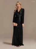 Spring Solid Color Sequins Long Sleeve Chic Evening Dress