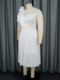 Plus Size Elegant White See-Through Sleeve Pleated Formal Party Dress