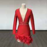 Women French V Neck Patchwork Diamond Long Sleeve Feather Bandage Dress