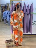 Fashion Print  V-Neck Long Sleeve Slit Casual Loose Long Dress