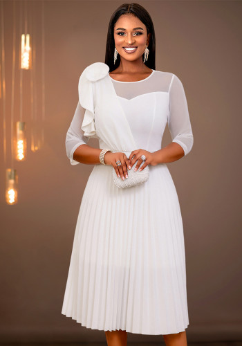 Plus Size Elegant White See-Through Sleeve Pleated Formal Party Dress