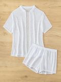 Solid Color Hollow Quick-Drying Turndown Collar Short Sleeve Top Square Leg Shorts Two Piece Set For Women