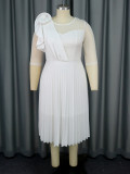 Plus Size Elegant White See-Through Sleeve Pleated Formal Party Dress