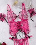 Women's Sexy Lace-Up Heart Embroidered Sexy Three-Piece Lingerie Set