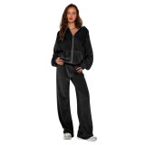 Fashion Solid Color Velvet Hooded Two-Piece Tracksuit Women's Clothing