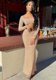 Women's Autumn Solid Color Square Neck Crop Long Sleeve Top Fishtail Long Skirt Two Piece Set