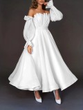 Plus Size Women's Off Shoulder Long Sleeve Solid Color A-Line Party Dress