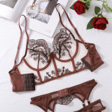 Sexy Contrast Color See-Through Mesh Embroidery Gather Bra Set