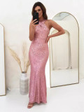 Summer Fashion Sequins Halter Neck Sexy Slim Elegant Long Evening Dress