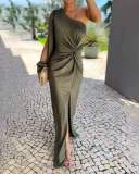 Summer Slash Shoulder Slit Solid Color Slim Long Dress