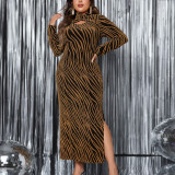 Plus Size Sequin Hollow Long Sleeve Slit Long Dress