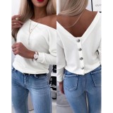 Autumn Long-Sleeved Back Button Solid Color V-Neck Shirt Top