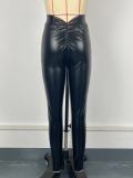 Sexy Pu Leather Elastic Tight Fitting V Waist Trousers