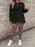 Plus Size Women's Clothing Round Neck Long-Sleeved Top Printed Trousers Two-Piece Set