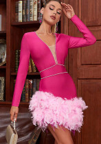 Women French V Neck Patchwork Diamond Long Sleeve Feather Bandage Dress