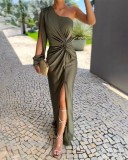 Summer Slash Shoulder Slit Solid Color Slim Long Dress