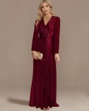 Spring Solid Color Sequins Long Sleeve Chic Evening Dress