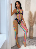 One-Piece See-Through Hollow Fishnet Jumpsuit Sexy Stripe Halter Neck Sexy Net Lingerie