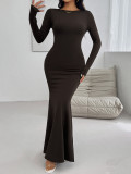 Autumn And Winter Women's Sexy Slim Round Neck Solid Color Long Sleeve Dress