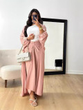 Autumn And Winter Solid Color Lantern Sleeve Lace-Up Robe Coat