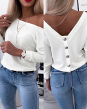 Autumn Long-Sleeved Back Button Solid Color V-Neck Shirt Top